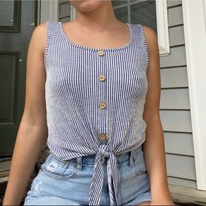 striped tie front tank top